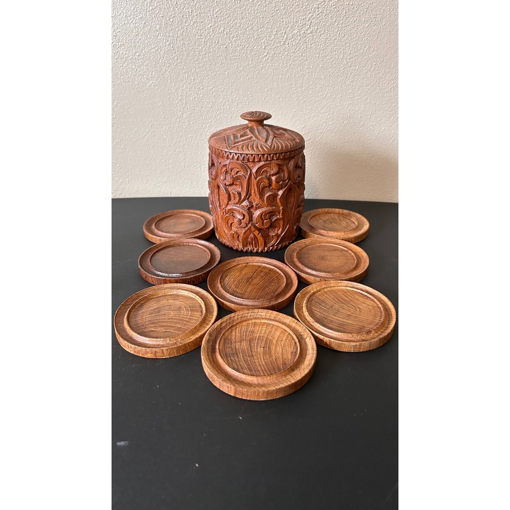 Vintage Thai Hand Carved Wood Coaster Set‎ with Storage Canister 8 Piece Brown